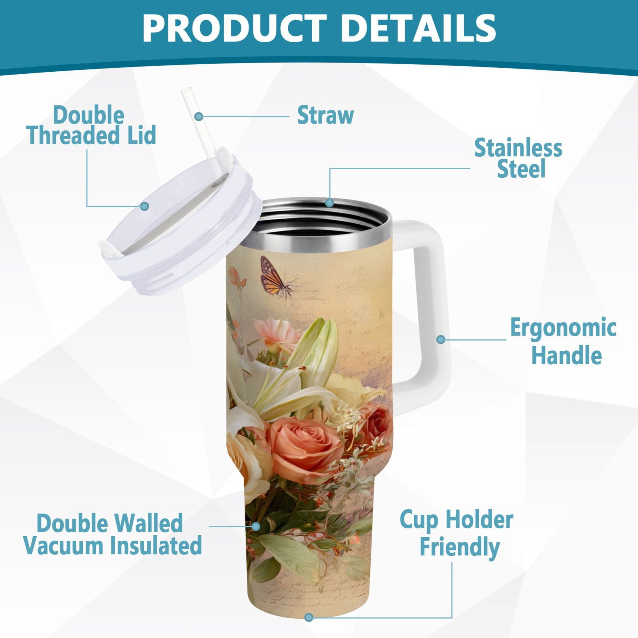 30 oz Insulated Stainless Steel Tumbler Double Wall Stainless Steel Tumbler with 2-Way Drinking Beautiful Floral Bouquet - CF2O