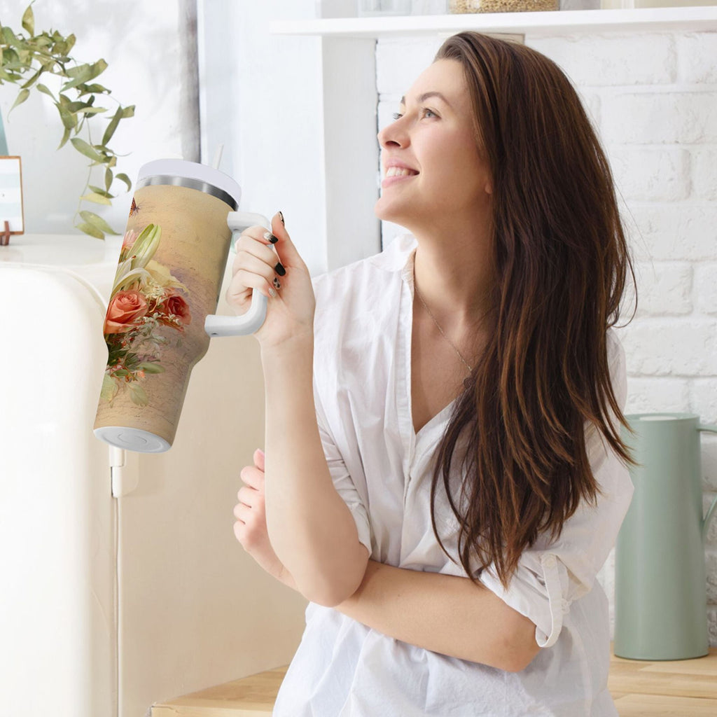 30 oz Insulated Stainless Steel Tumbler Double Wall Stainless Steel Tumbler with 2-Way Drinking Beautiful Floral Bouquet - CF2O