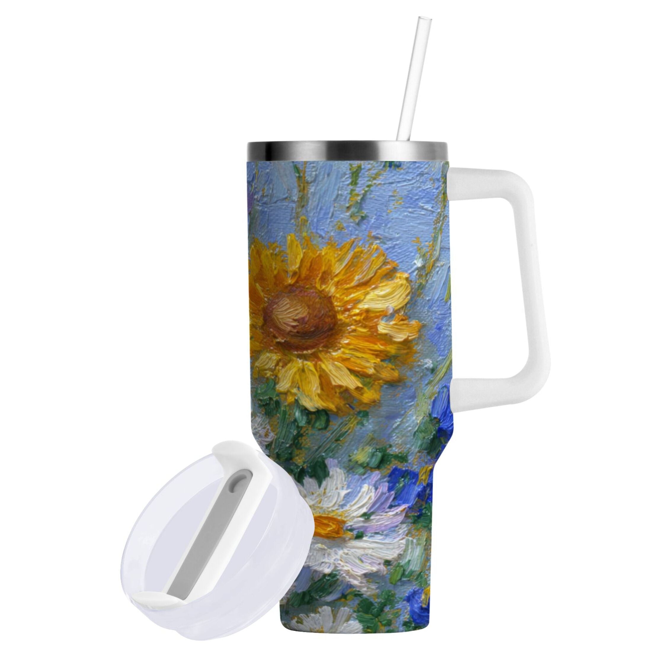 40 oz Insulated Stainless Steel Tumbler Double Wall Stainless Steel Tumbler with 2-Way Drinking Sunflowers and Daisies - MO0O