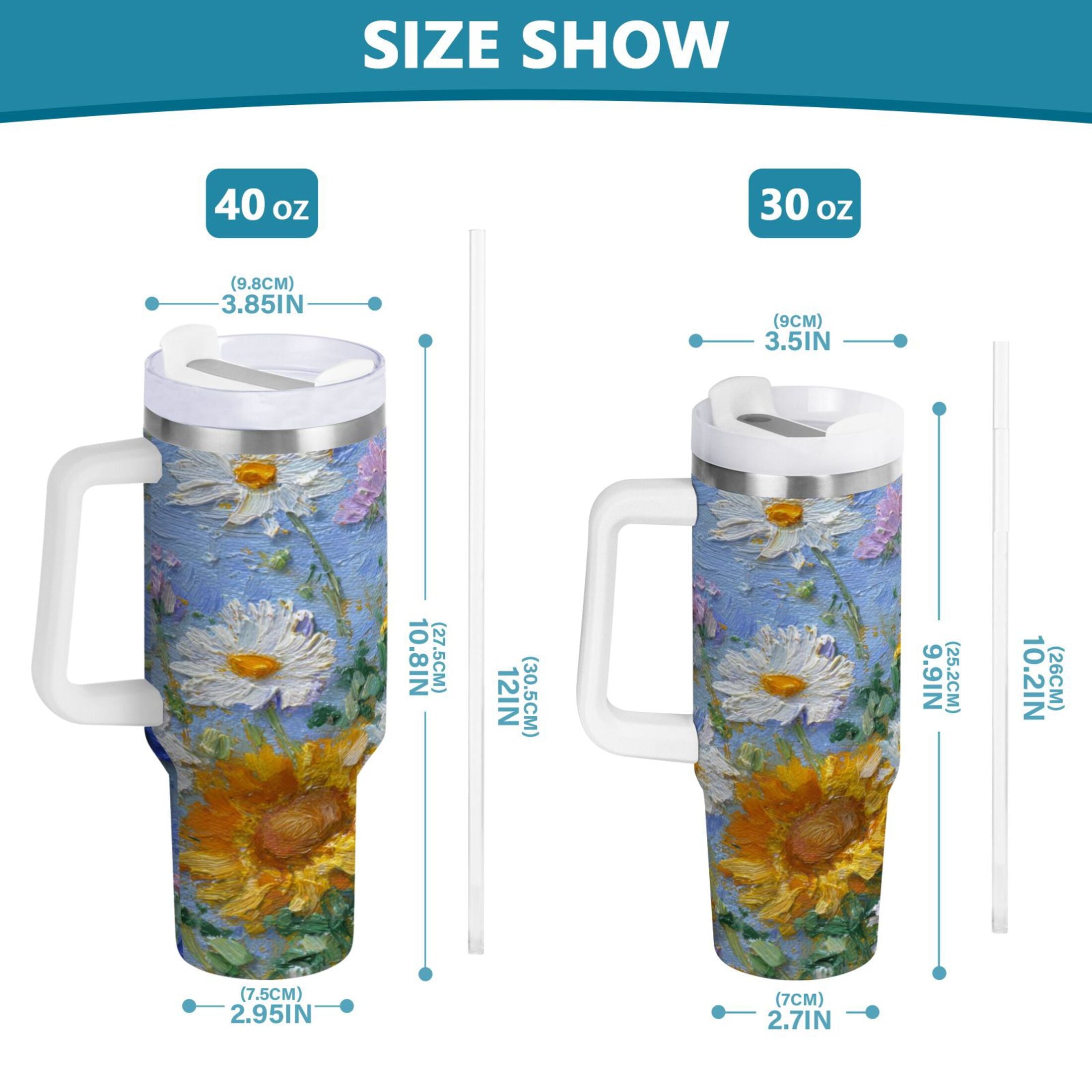 40 oz Insulated Stainless Steel Tumbler Double Wall Stainless Steel Tumbler with 2-Way Drinking Sunflowers and Daisies - MO0O