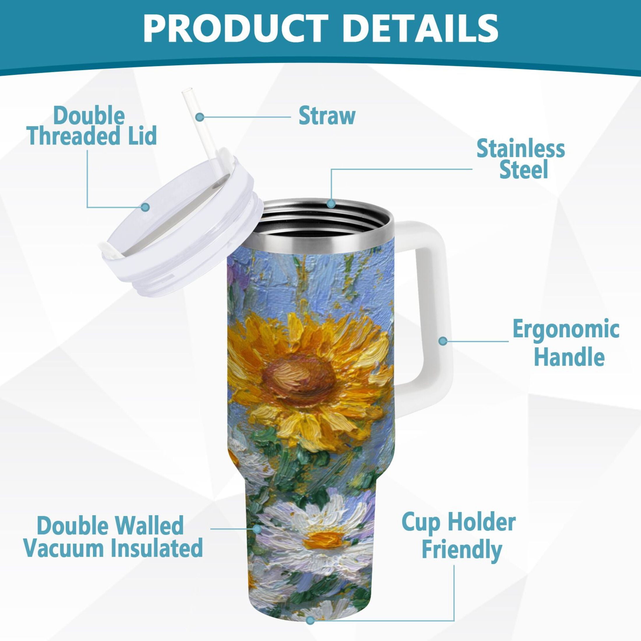 40 oz Insulated Stainless Steel Tumbler Double Wall Stainless Steel Tumbler with 2-Way Drinking Sunflowers and Daisies - MO0O
