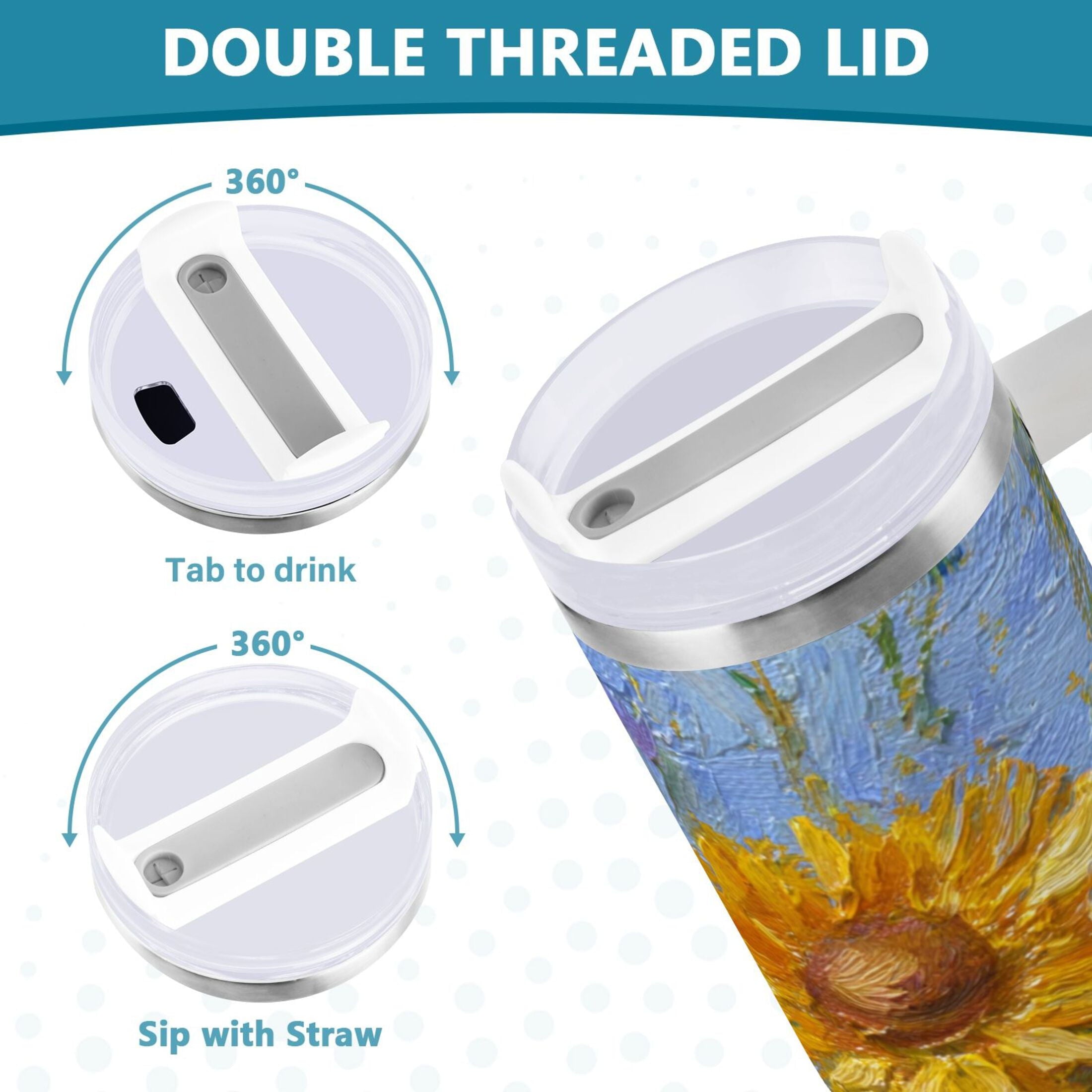 40 oz Insulated Stainless Steel Tumbler Double Wall Stainless Steel Tumbler with 2-Way Drinking Sunflowers and Daisies - MO0O