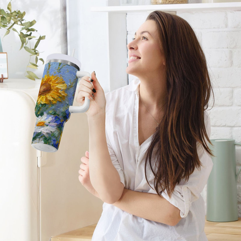 40 oz Insulated Stainless Steel Tumbler Double Wall Stainless Steel Tumbler with 2-Way Drinking Sunflowers and Daisies - MO0O