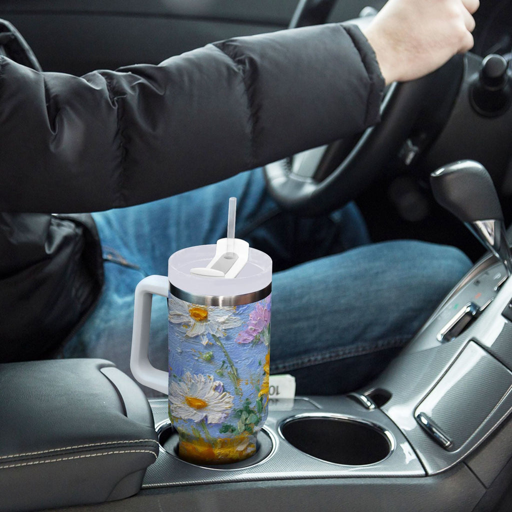 40 oz Insulated Stainless Steel Tumbler Double Wall Stainless Steel Tumbler with 2-Way Drinking Sunflowers and Daisies - MO0O