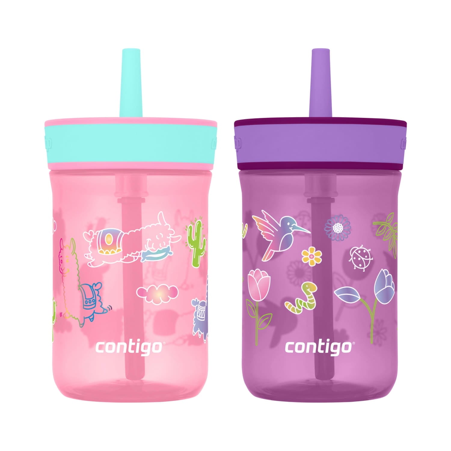 Contigo Kids Leighton Spill-Proof Tumbler with Straw, Ages 3+, Pink and Purple, 14 oz, 2 Pack - GAOH