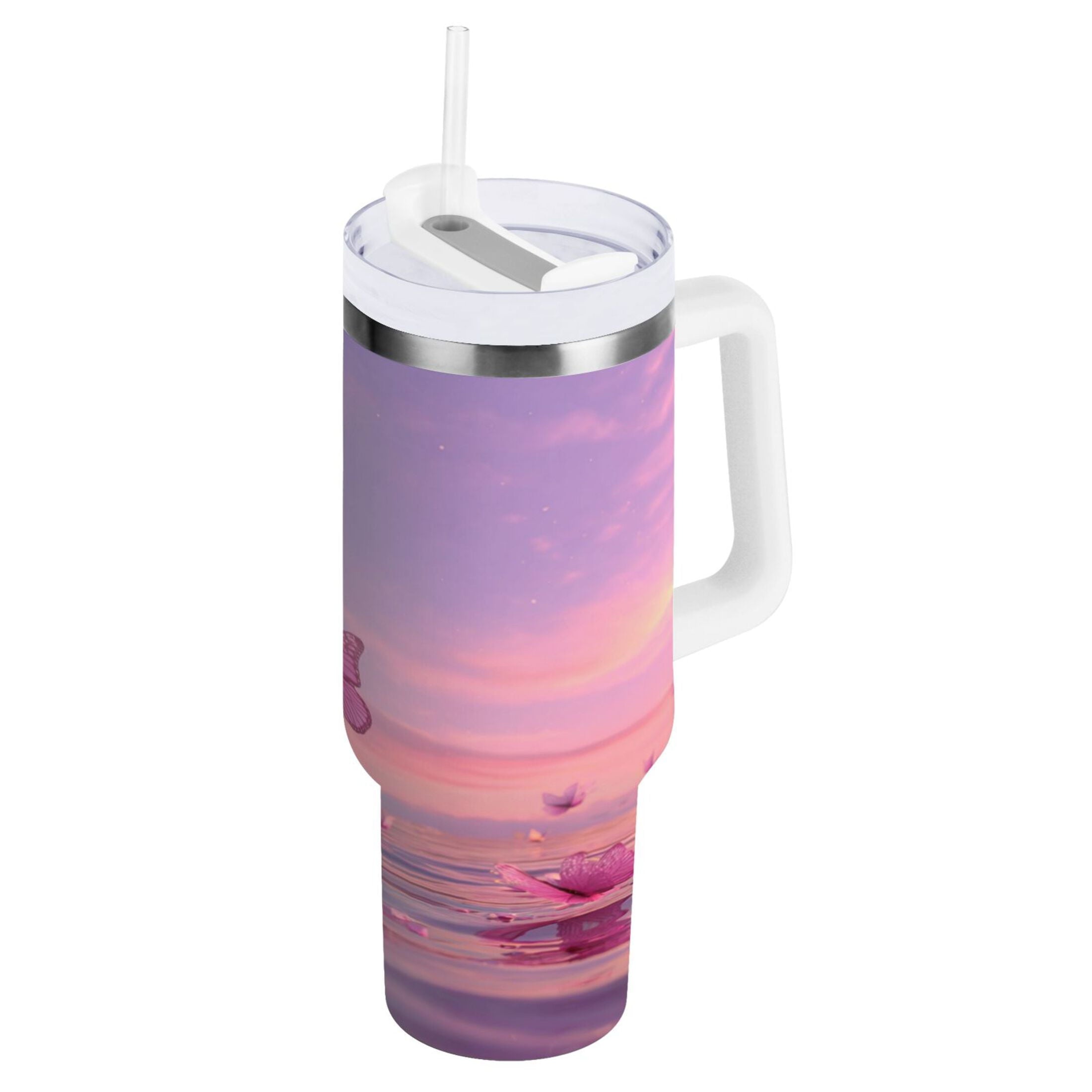 30 oz Insulated Stainless Steel Tumbler Double Wall Stainless Steel Tumbler with 2-Way Drinking Pink Butterflies Flying - MNM7