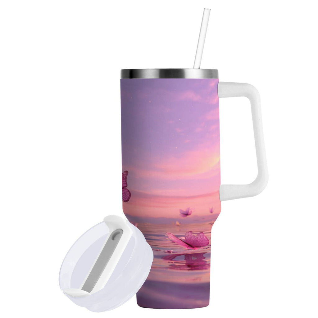 30 oz Insulated Stainless Steel Tumbler Double Wall Stainless Steel Tumbler with 2-Way Drinking Pink Butterflies Flying - MNM7