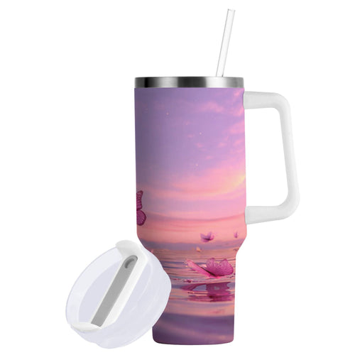 30 oz Insulated Stainless Steel Tumbler Double Wall Stainless Steel Tumbler with 2-Way Drinking Pink Butterflies Flying - MNM7