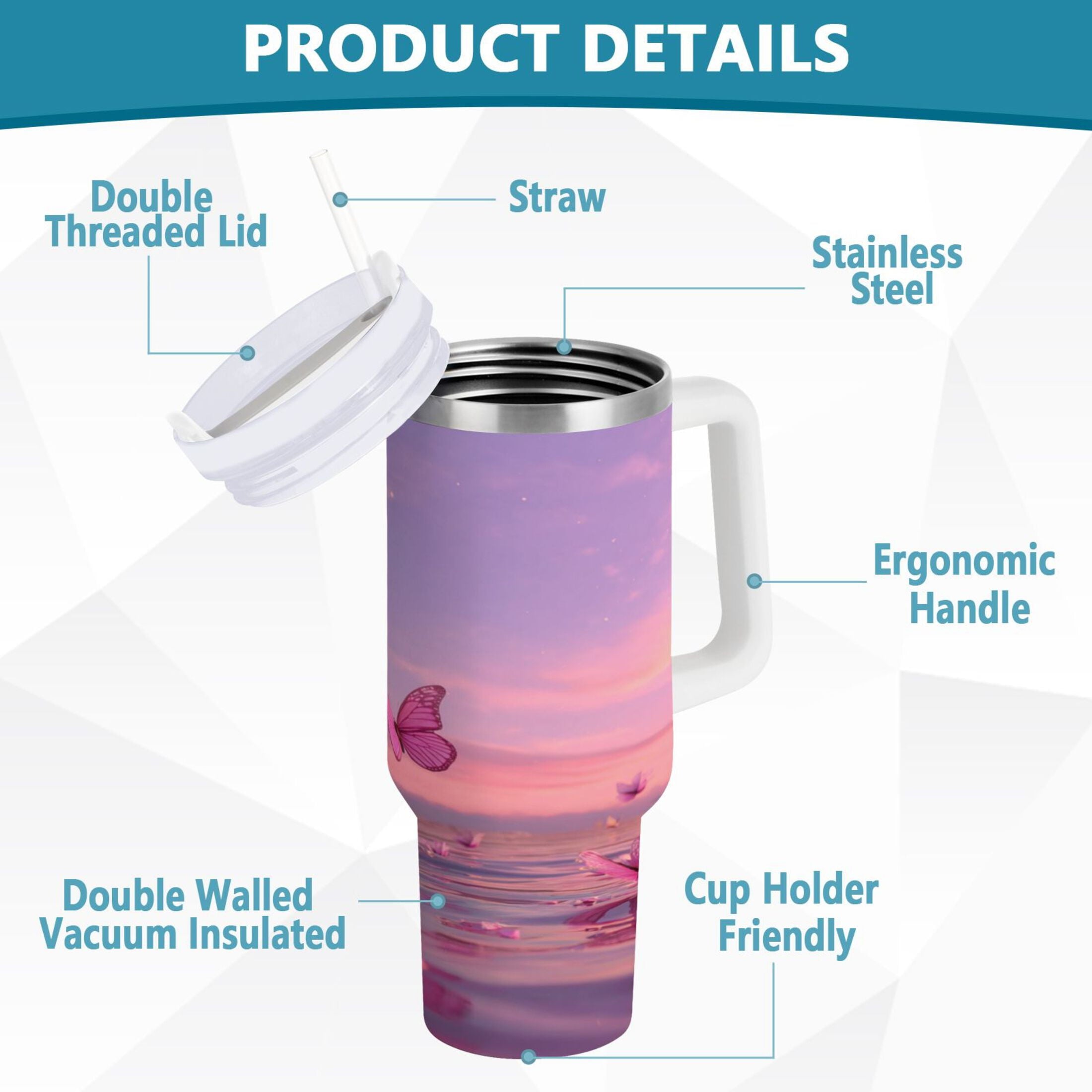 30 oz Insulated Stainless Steel Tumbler Double Wall Stainless Steel Tumbler with 2-Way Drinking Pink Butterflies Flying - MNM7