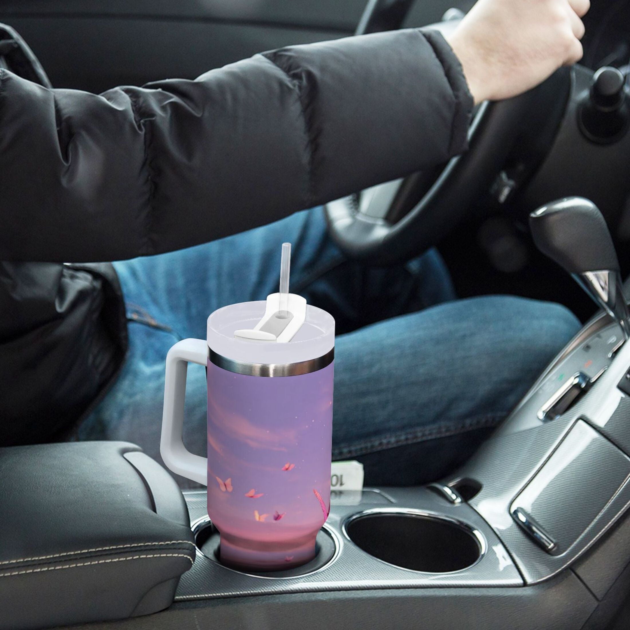 30 oz Insulated Stainless Steel Tumbler Double Wall Stainless Steel Tumbler with 2-Way Drinking Pink Butterflies Flying - MNM7