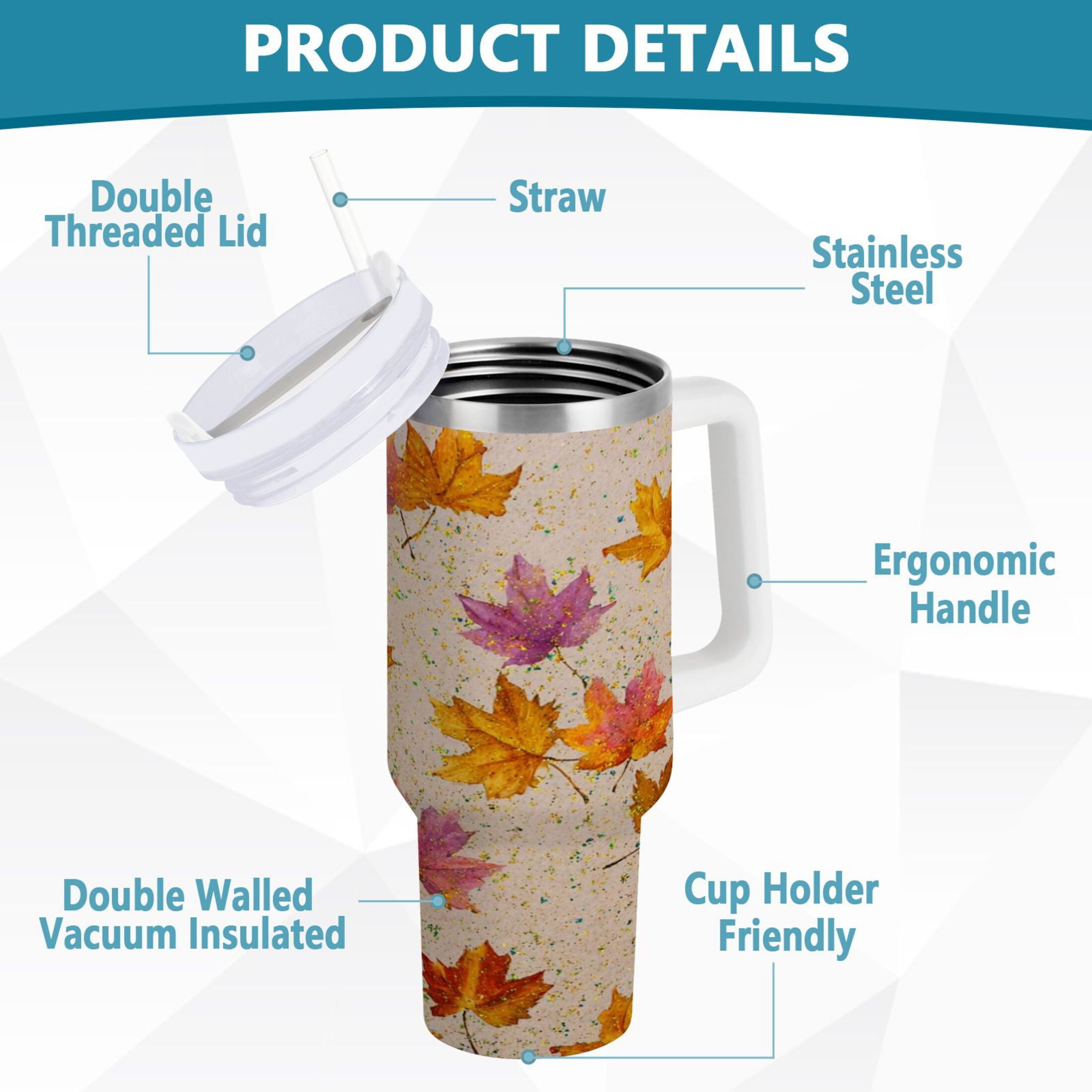40 oz Insulated Stainless Steel Tumbler Double Wall Stainless Steel Tumbler with 2-Way Drinking Colored Autumn Leaves - 98IS