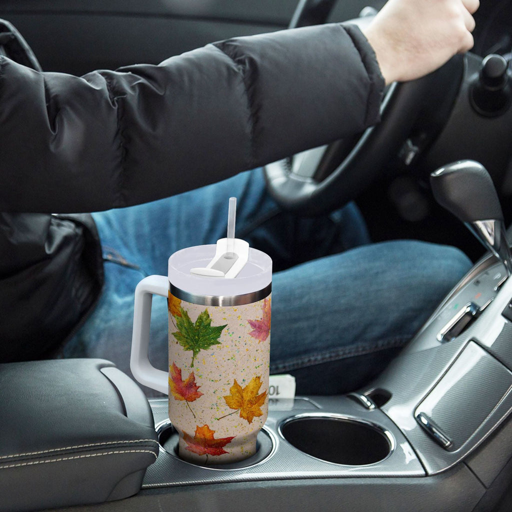 40 oz Insulated Stainless Steel Tumbler Double Wall Stainless Steel Tumbler with 2-Way Drinking Colored Autumn Leaves - 98IS