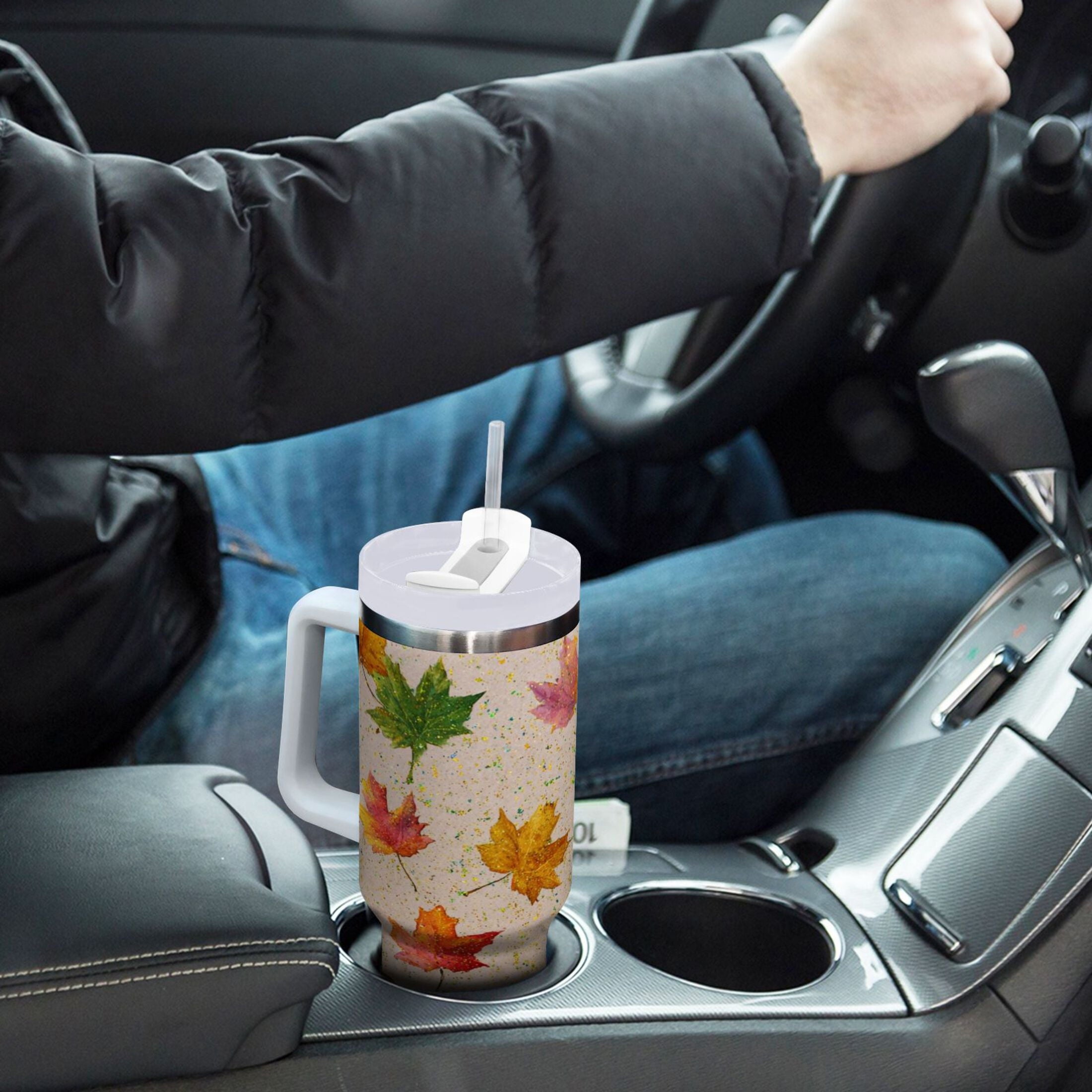 40 oz Insulated Stainless Steel Tumbler Double Wall Stainless Steel Tumbler with 2-Way Drinking Colored Autumn Leaves - 98IS