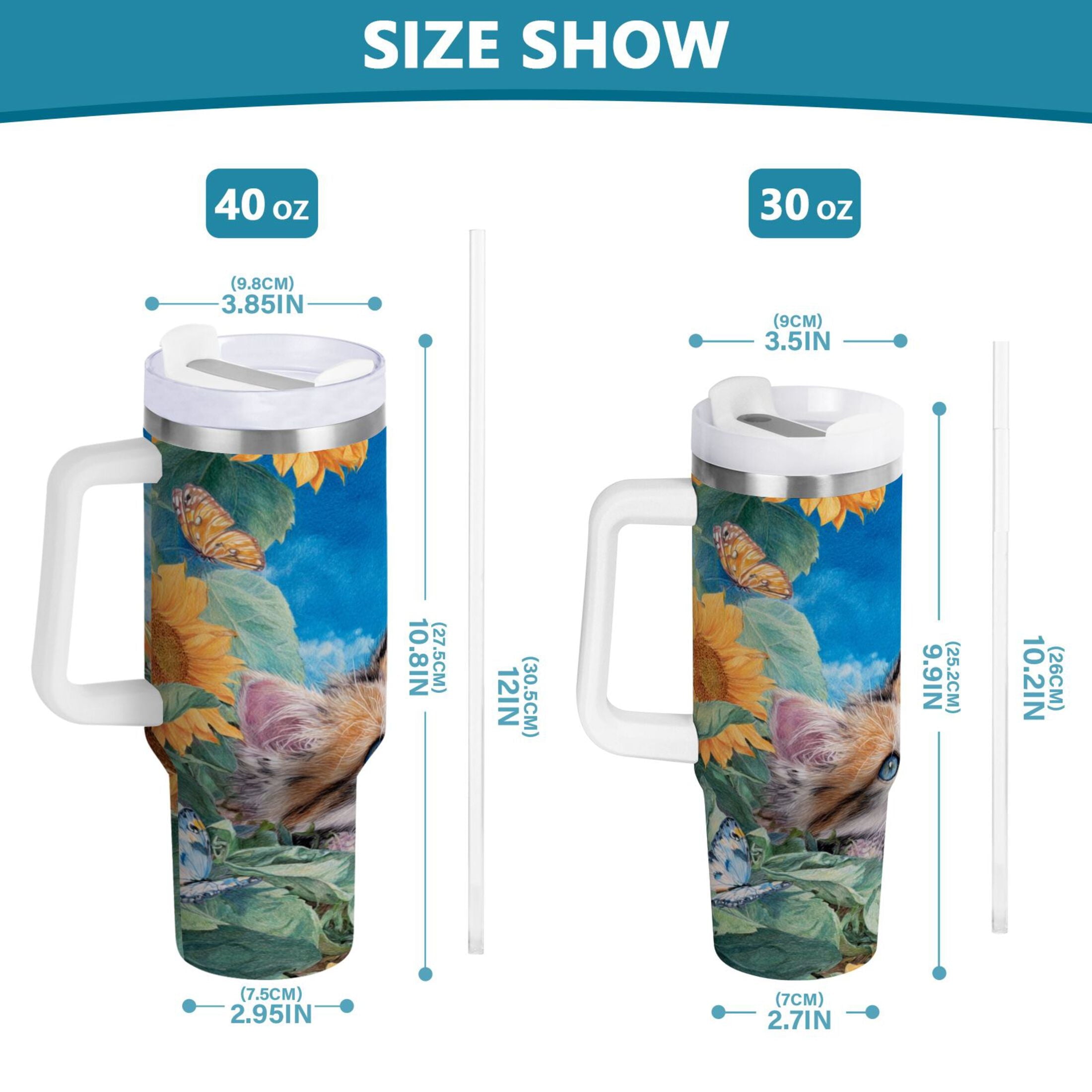 40 oz Insulated Stainless Steel Tumbler Double Wall Stainless Steel Tumbler with 2-Way Drinking Playful Cat Lying Sunflowers - GLDR