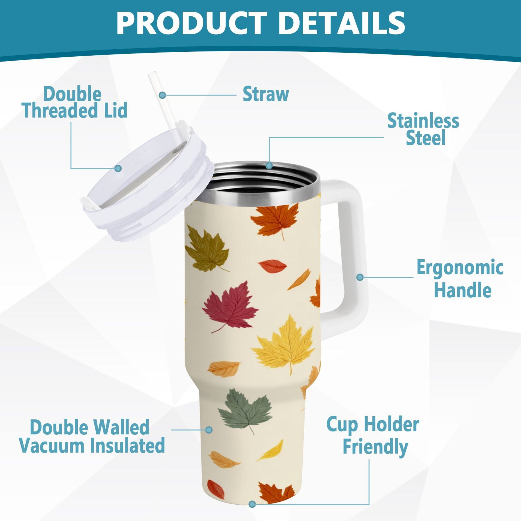 40 oz Insulated Stainless Steel Tumbler Double Wall Stainless Steel Tumbler with 2-Way Drinking Colorful Autumn Leaves Pattern - T47Y