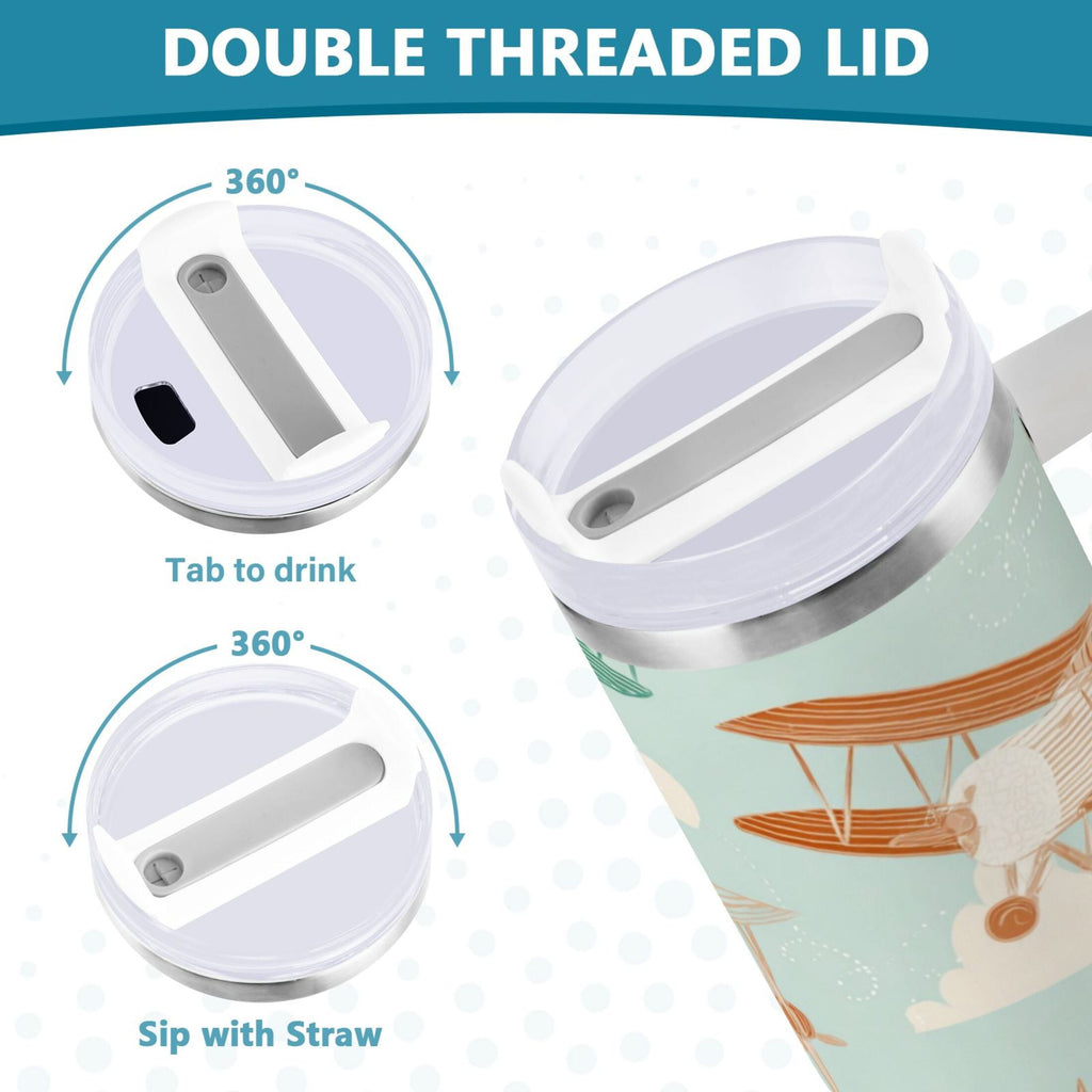 40 oz Insulated Stainless Steel Tumbler Double Wall Stainless Steel Tumbler with 2-Way Drinking Cute Airplanes - DWR7