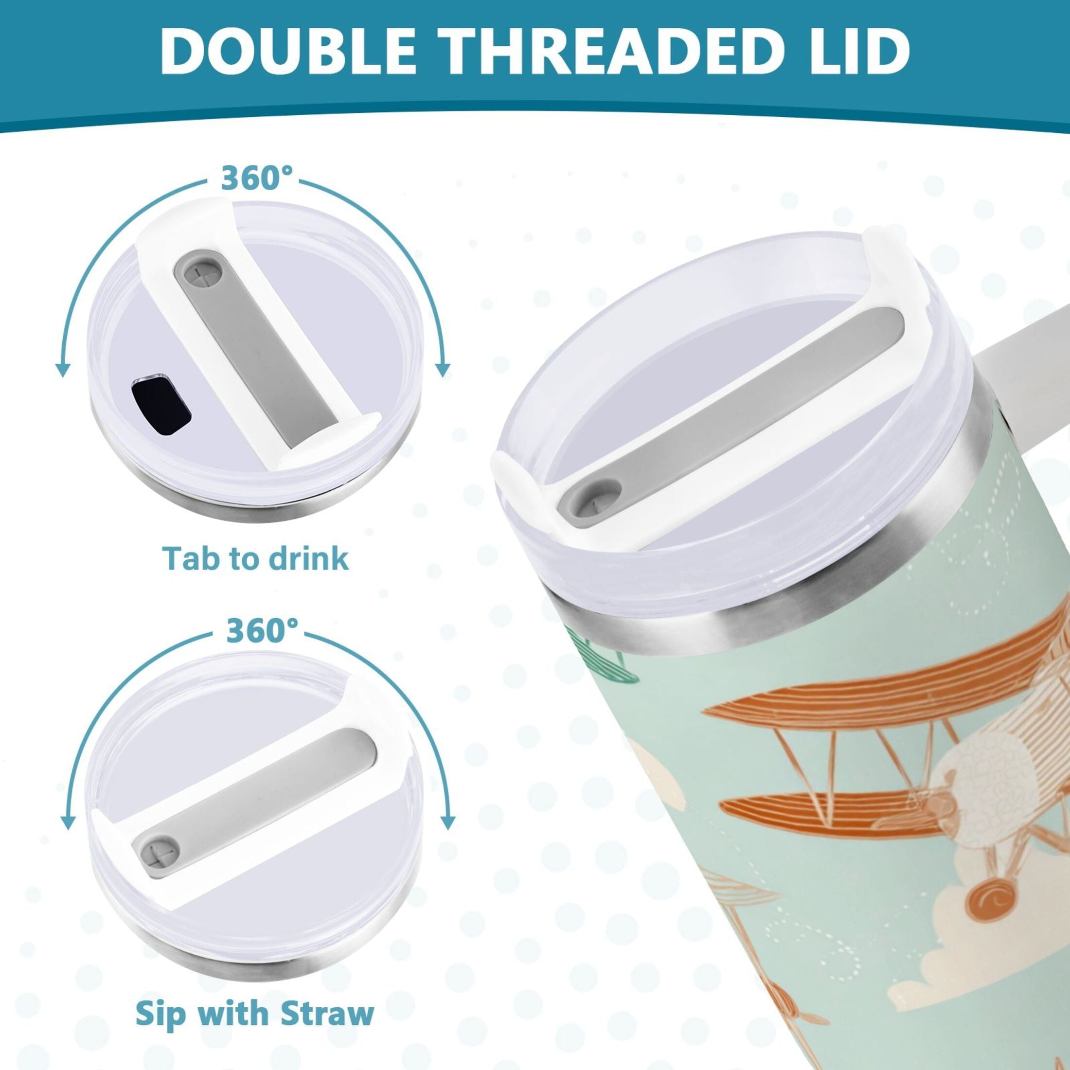 40 oz Insulated Stainless Steel Tumbler Double Wall Stainless Steel Tumbler with 2-Way Drinking Cute Airplanes - DWR7