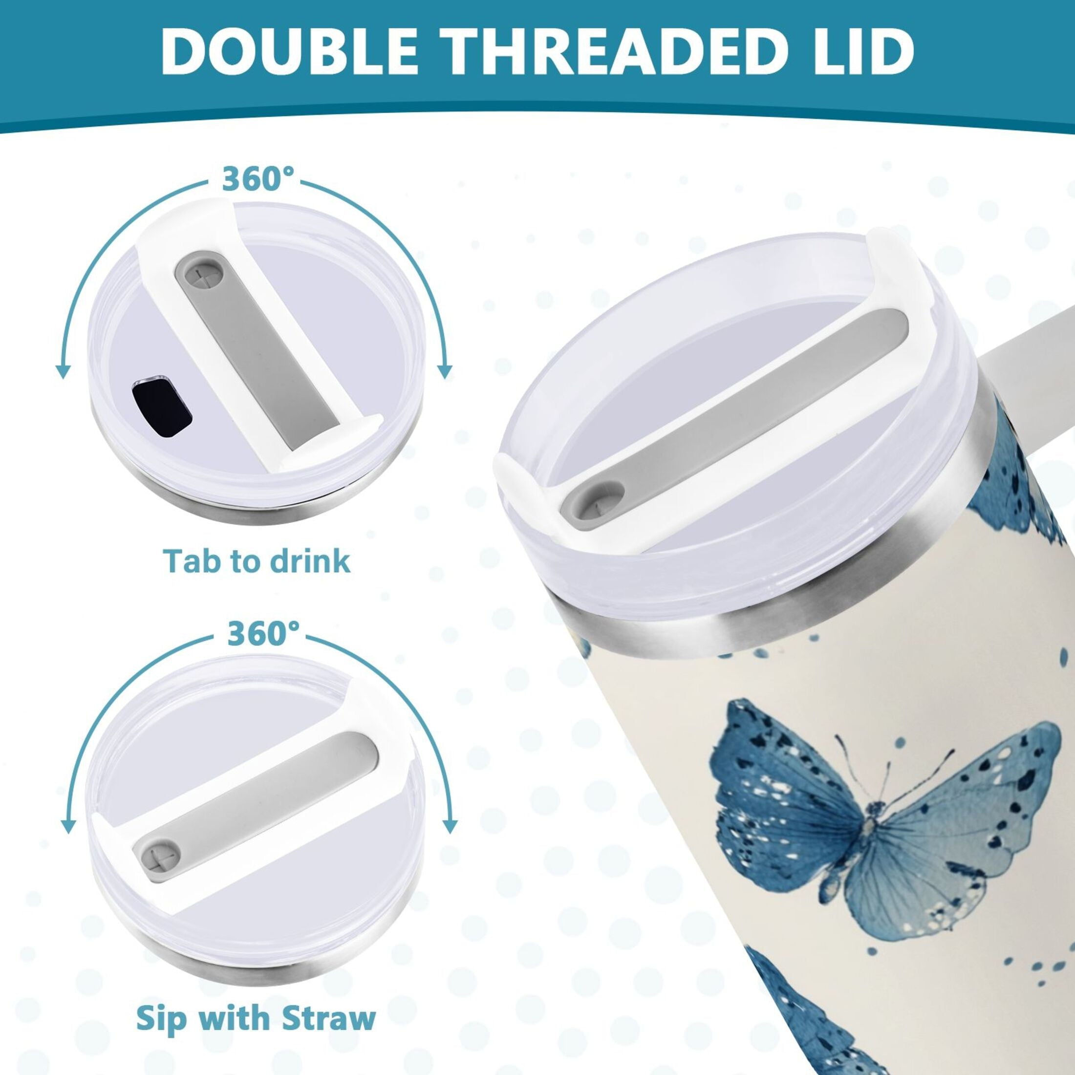 30 oz Insulated Stainless Steel Tumbler Double Wall Stainless Steel Tumbler with 2-Way Drinking Blue Watercolor Butterflies - 9R6X