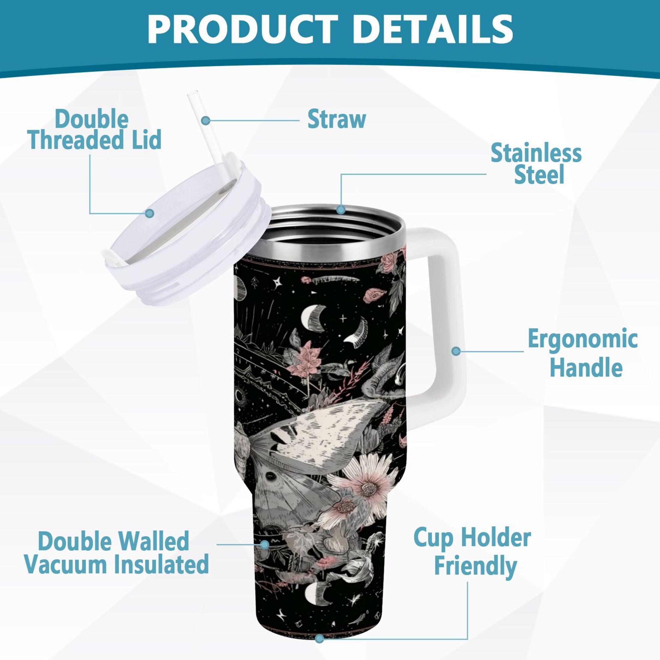 40 oz Insulated Stainless Steel Tumbler Double Wall Stainless Steel Tumbler with 2-Way Drinking Butterfly Surrounded by Flowers - Z957