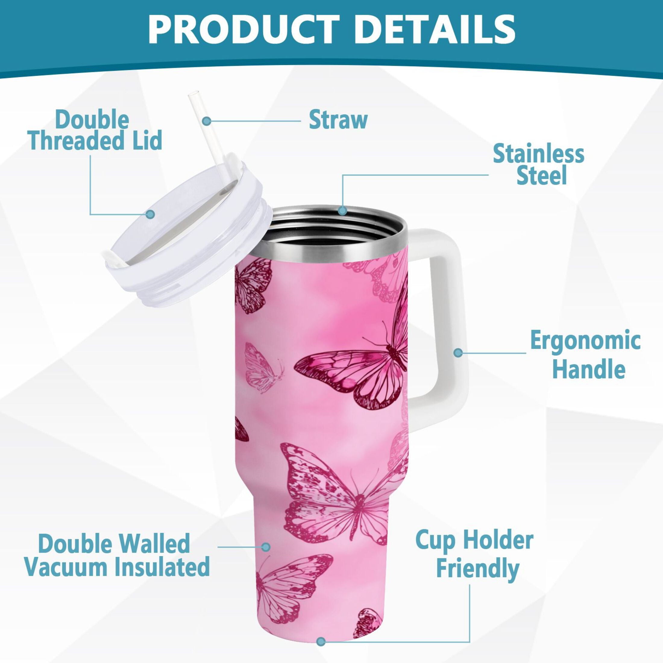 40 oz Insulated Stainless Steel Tumbler Double Wall Stainless Steel Tumbler with 2-Way Drinking Pink Butterfly Pattern - 6IJW