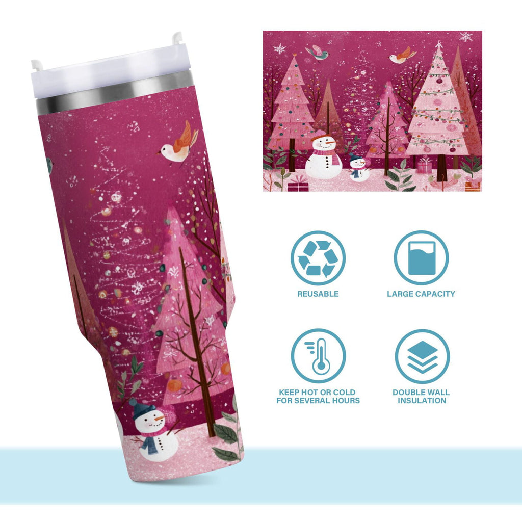 40 oz Insulated Stainless Steel Tumbler Double Wall Stainless Steel Tumbler with 2-Way Drinking Pink Christmas Forest - 2F90