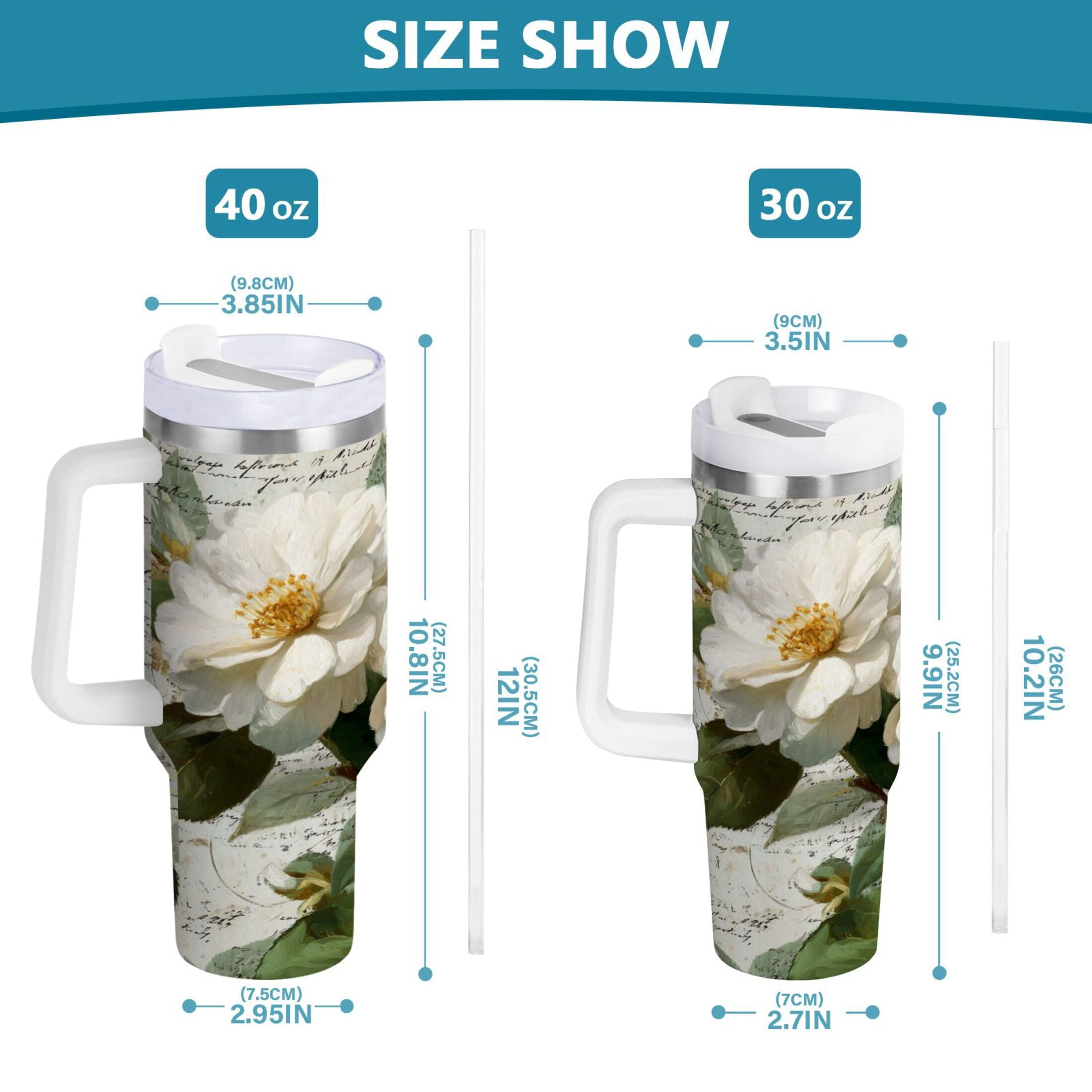 40 oz Insulated Stainless Steel Tumbler Double Wall Stainless Steel Tumbler with 2-Way Drinking Vintage White Camellias - 6YK0