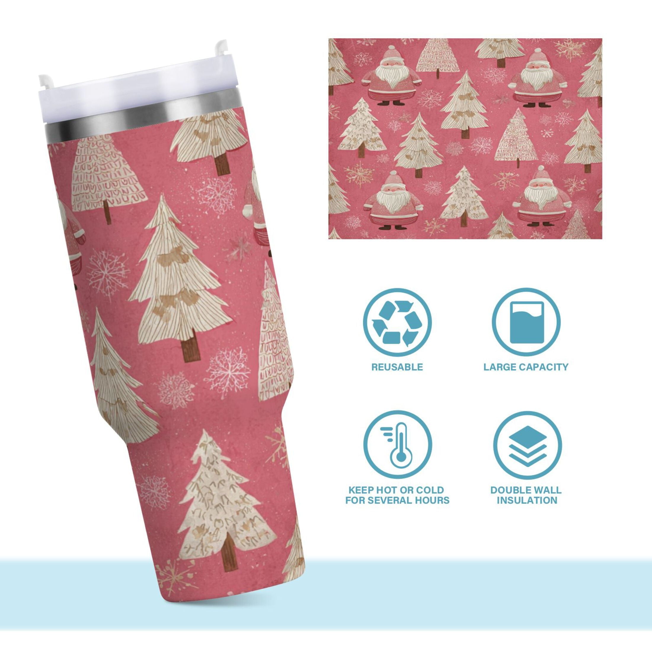 40 oz Insulated Stainless Steel Tumbler Double Wall Stainless Steel Tumbler with 2-Way Drinking Pink Santa Claus Pattern - VRN8