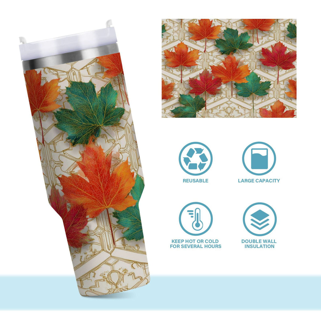 30 oz Insulated Stainless Steel Tumbler Double Wall Stainless Steel Tumbler with 2-Way Drinking Green and Red Maple Leaves - X4NS
