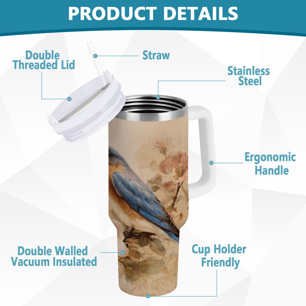 40 oz Insulated Stainless Steel Tumbler Double Wall Stainless Steel Tumbler with 2-Way Drinking Bluebird and Ancient Flowers - TNYY