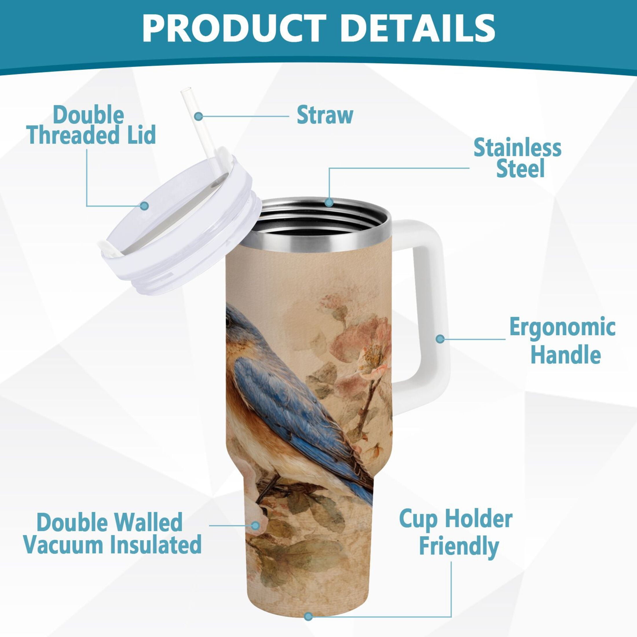 40 oz Insulated Stainless Steel Tumbler Double Wall Stainless Steel Tumbler with 2-Way Drinking Bluebird and Ancient Flowers - TNYY