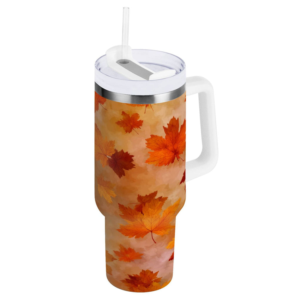 40 oz Insulated Stainless Steel Tumbler Double Wall Stainless Steel Tumbler with 2-Way Drinking Orange and Brown Autumn Leaves - 559D