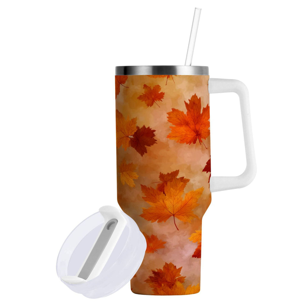 40 oz Insulated Stainless Steel Tumbler Double Wall Stainless Steel Tumbler with 2-Way Drinking Orange and Brown Autumn Leaves - 559D