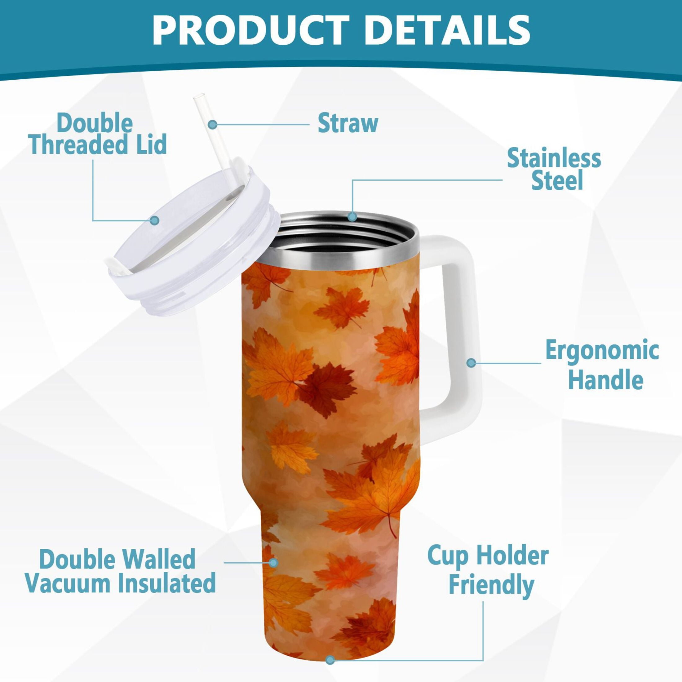 40 oz Insulated Stainless Steel Tumbler Double Wall Stainless Steel Tumbler with 2-Way Drinking Orange and Brown Autumn Leaves - 559D