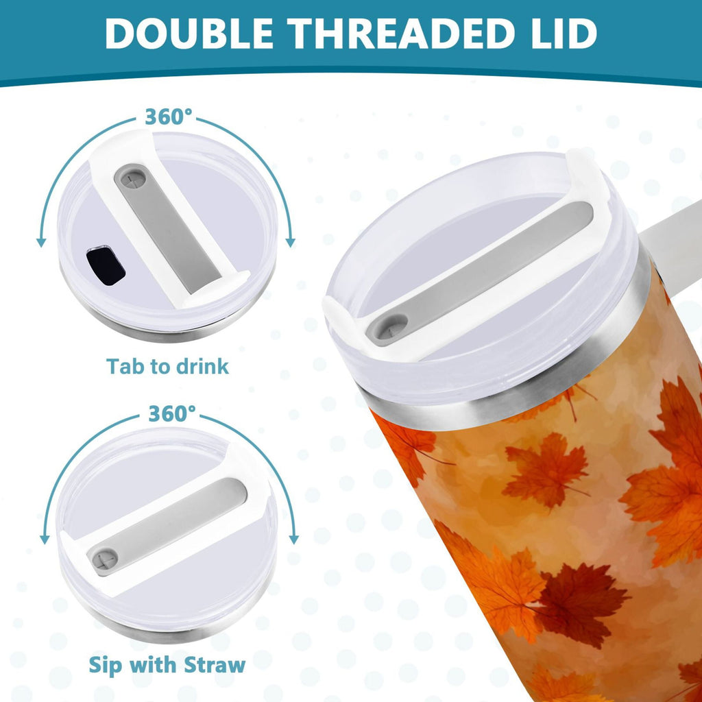 40 oz Insulated Stainless Steel Tumbler Double Wall Stainless Steel Tumbler with 2-Way Drinking Orange and Brown Autumn Leaves - 559D