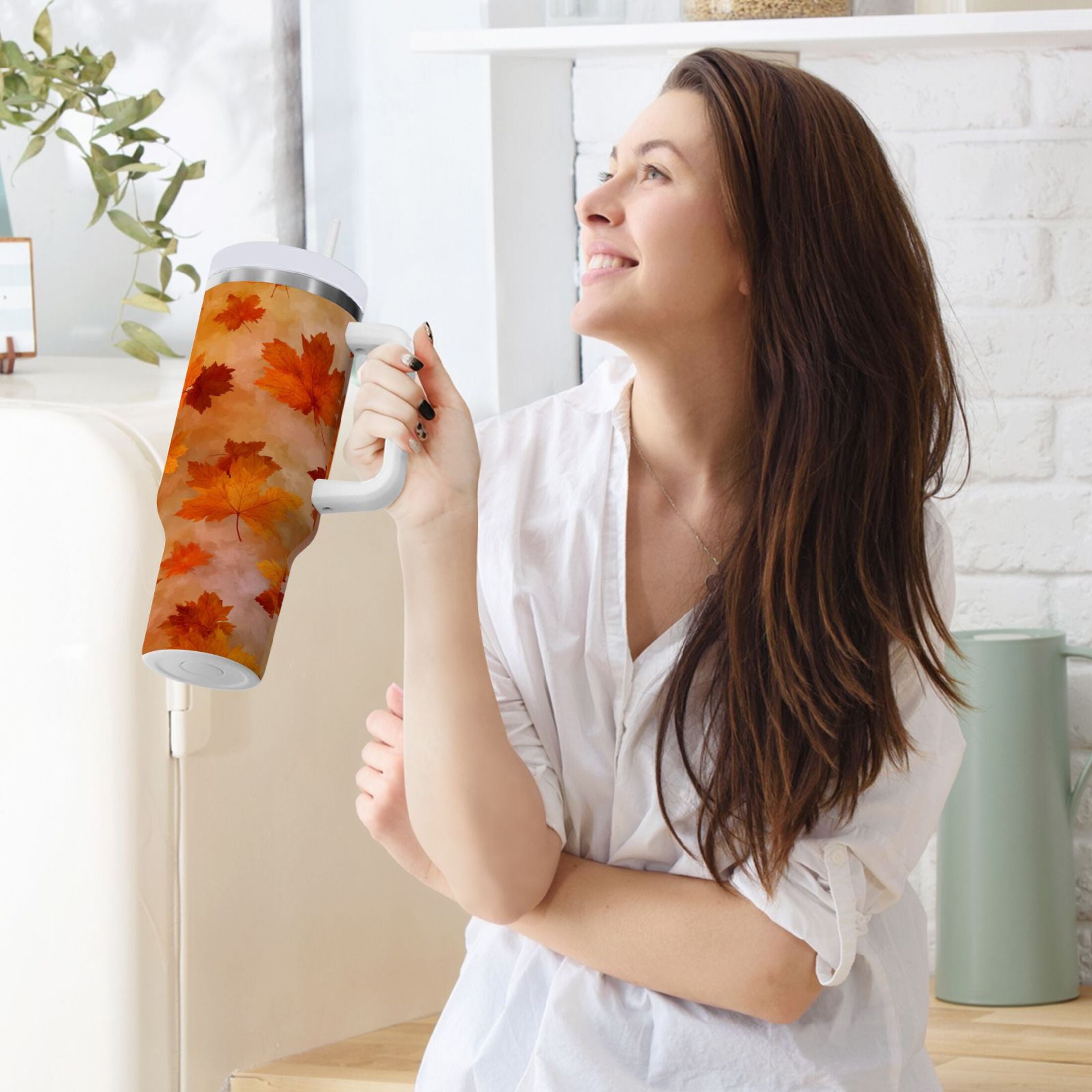 40 oz Insulated Stainless Steel Tumbler Double Wall Stainless Steel Tumbler with 2-Way Drinking Orange and Brown Autumn Leaves - 559D