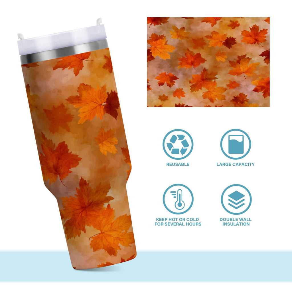 40 oz Insulated Stainless Steel Tumbler Double Wall Stainless Steel Tumbler with 2-Way Drinking Orange and Brown Autumn Leaves - 559D