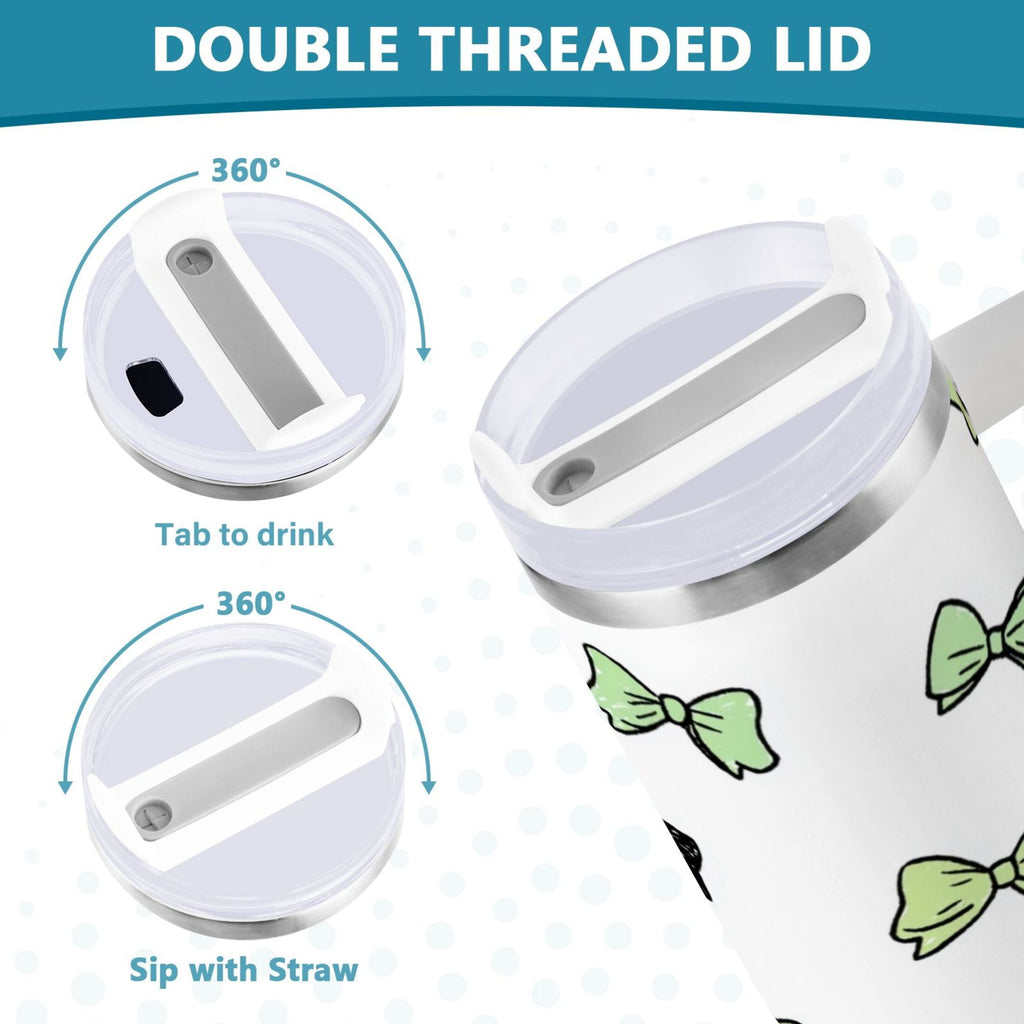 40 oz Insulated Stainless Steel Tumbler Double Wall Stainless Steel Tumbler with 2-Way Drinking Green and Black Bows - QUAU