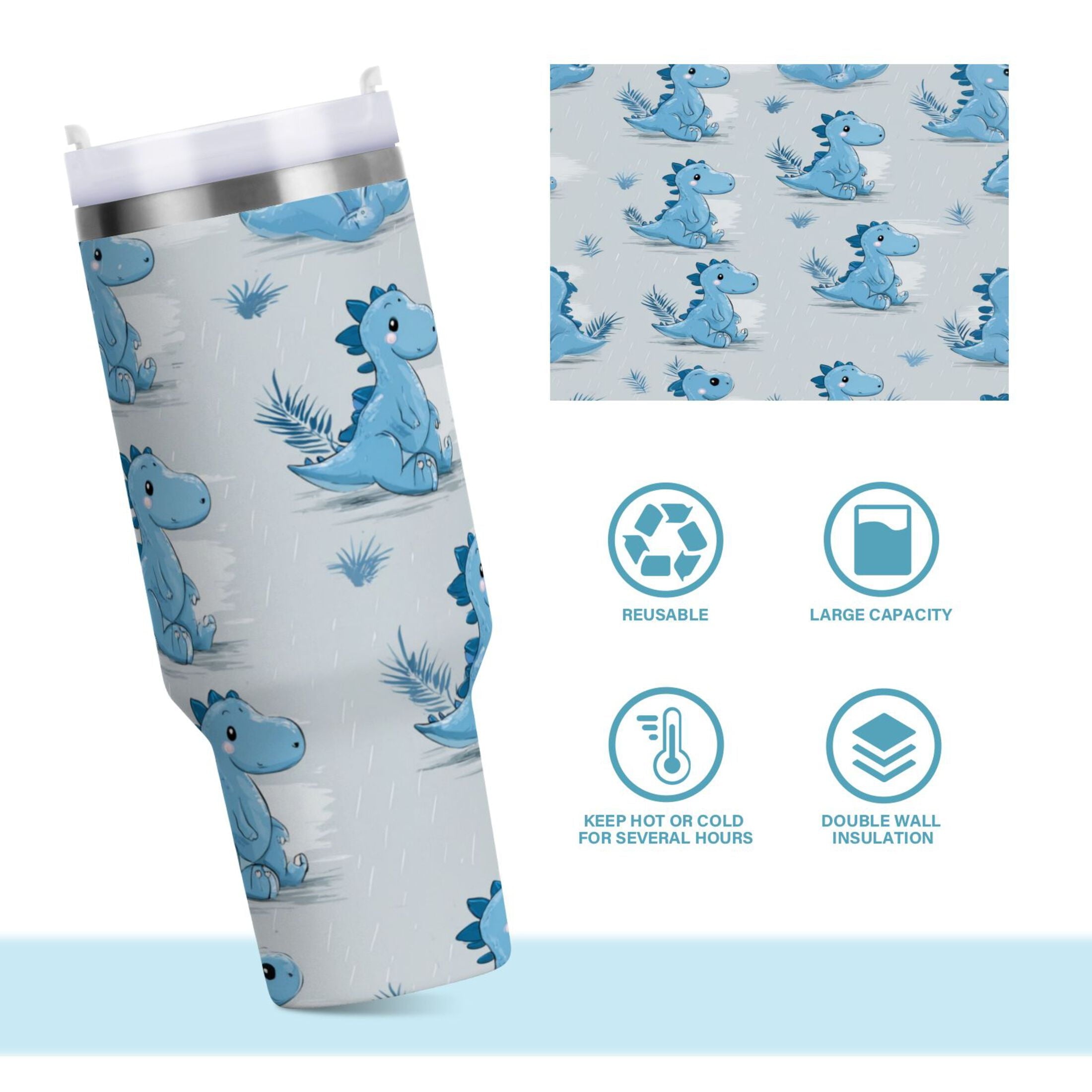 30 oz Insulated Stainless Steel Tumbler Double Wall Stainless Steel Tumbler with 2-Way Drinking Cartoon Blue Dinosaurs - 9G22