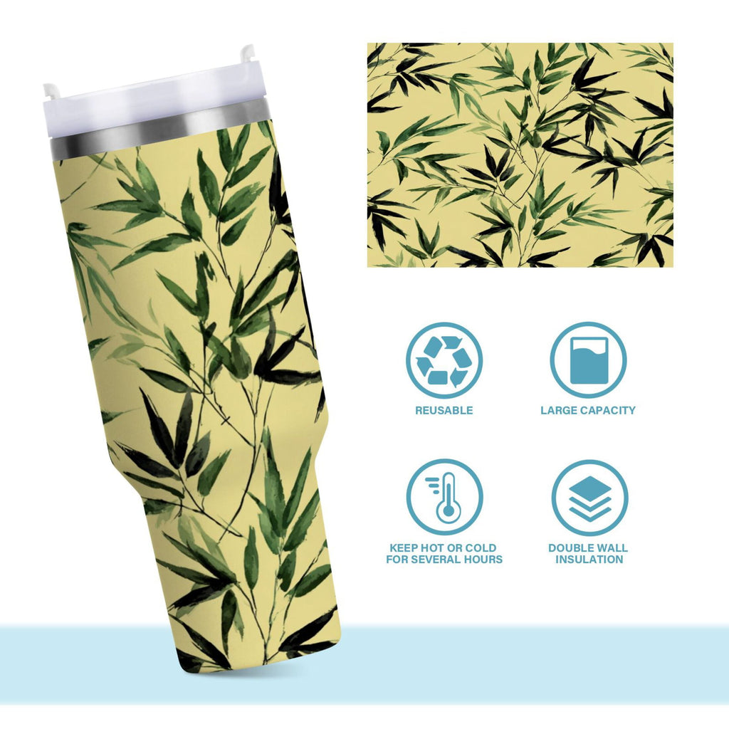 30 oz Insulated Stainless Steel Tumbler Double Wall Stainless Steel Tumbler with 2-Way Drinking Bamboo and Green Leaves - X1QJ