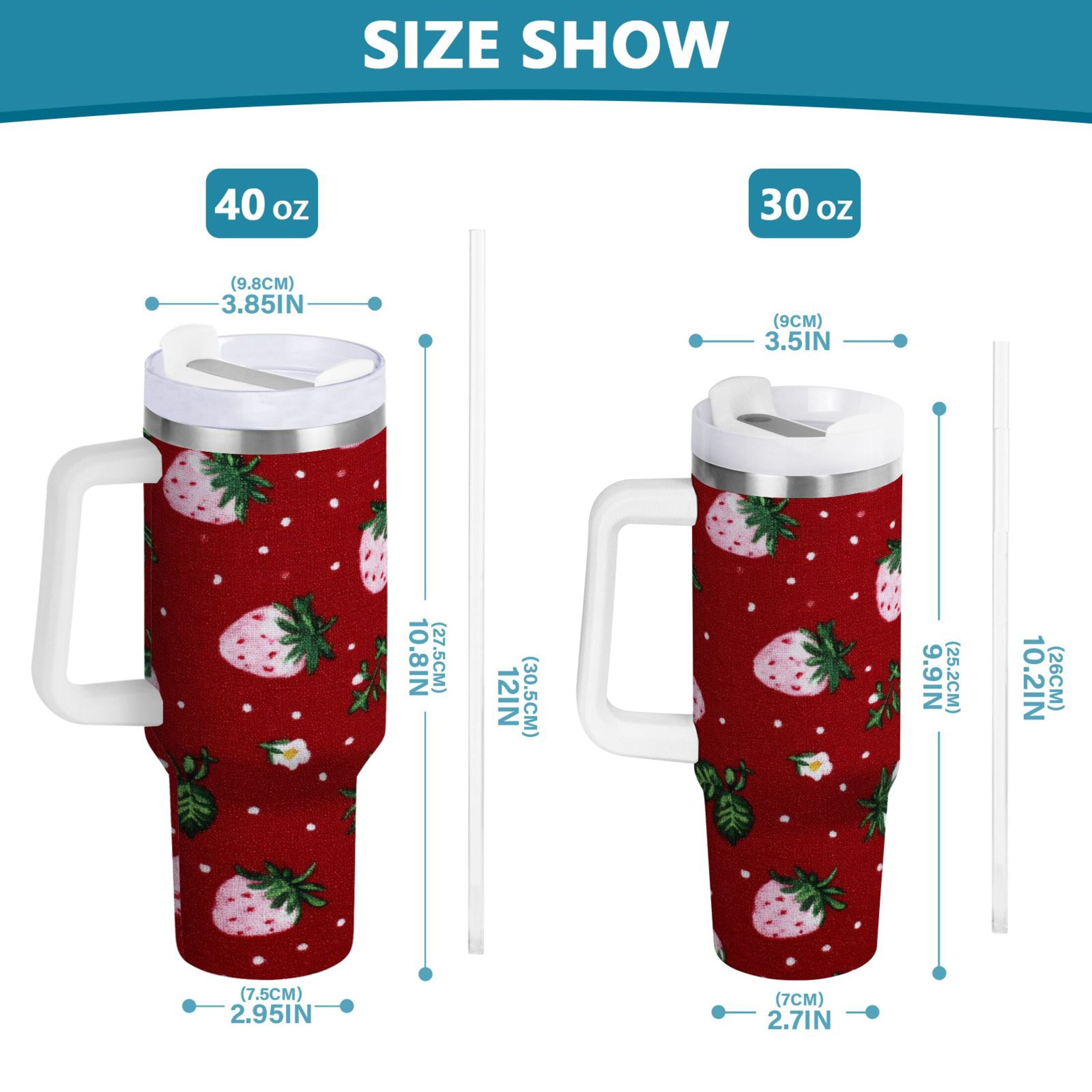 30 oz Insulated Stainless Steel Tumbler Double Wall Stainless Steel Tumbler with 2-Way Drinking Cute Pink Strawberry Pattern - PUNO