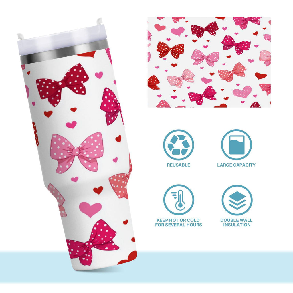 30 oz Insulated Stainless Steel Tumbler Double Wall Stainless Steel Tumbler with 2-Way Drinking Red and Pink Bows - FP4C