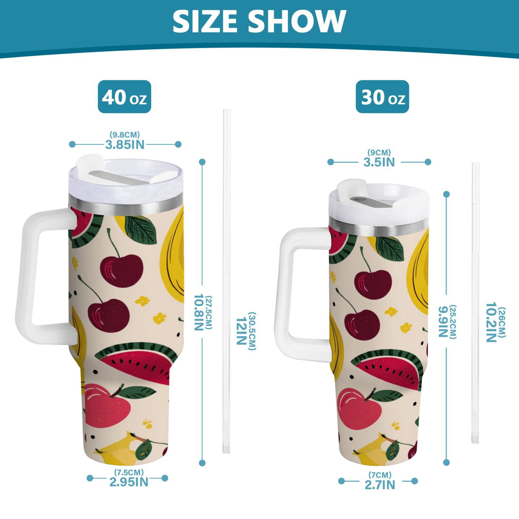 30 oz Insulated Stainless Steel Tumbler Double Wall Stainless Steel Tumbler with 2-Way Drinking Watermelon and Cherries - YK54