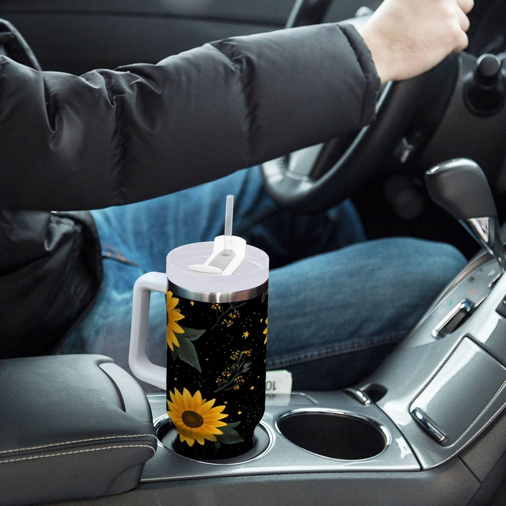 30 oz Insulated Stainless Steel Tumbler Double Wall Stainless Steel Tumbler with 2-Way Drinking Yellow Sunflower Pattern - REZR