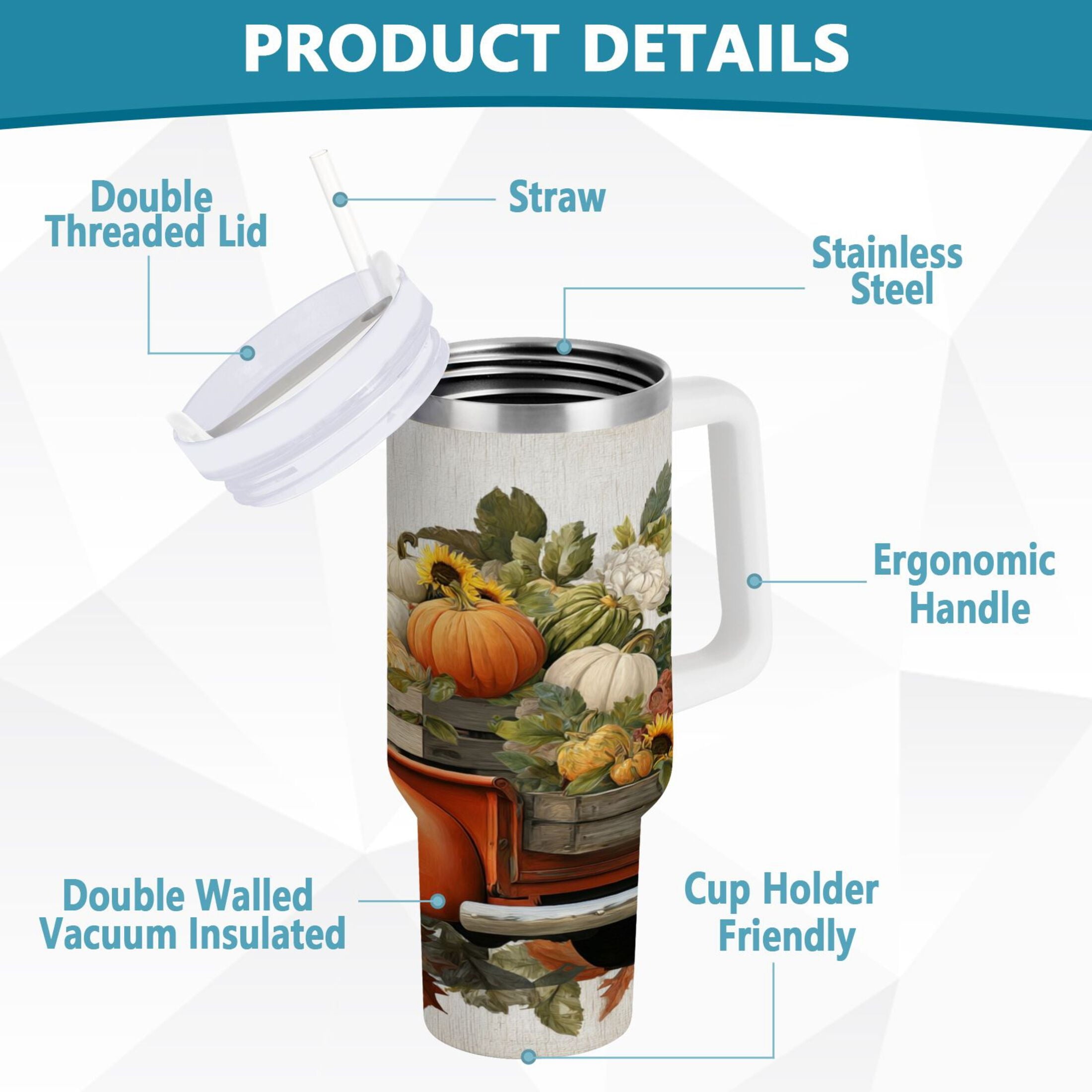 40 oz Insulated Stainless Steel Tumbler Double Wall Stainless Steel Tumbler with 2-Way Drinking Truck Full Of Pumpkins - GH7X