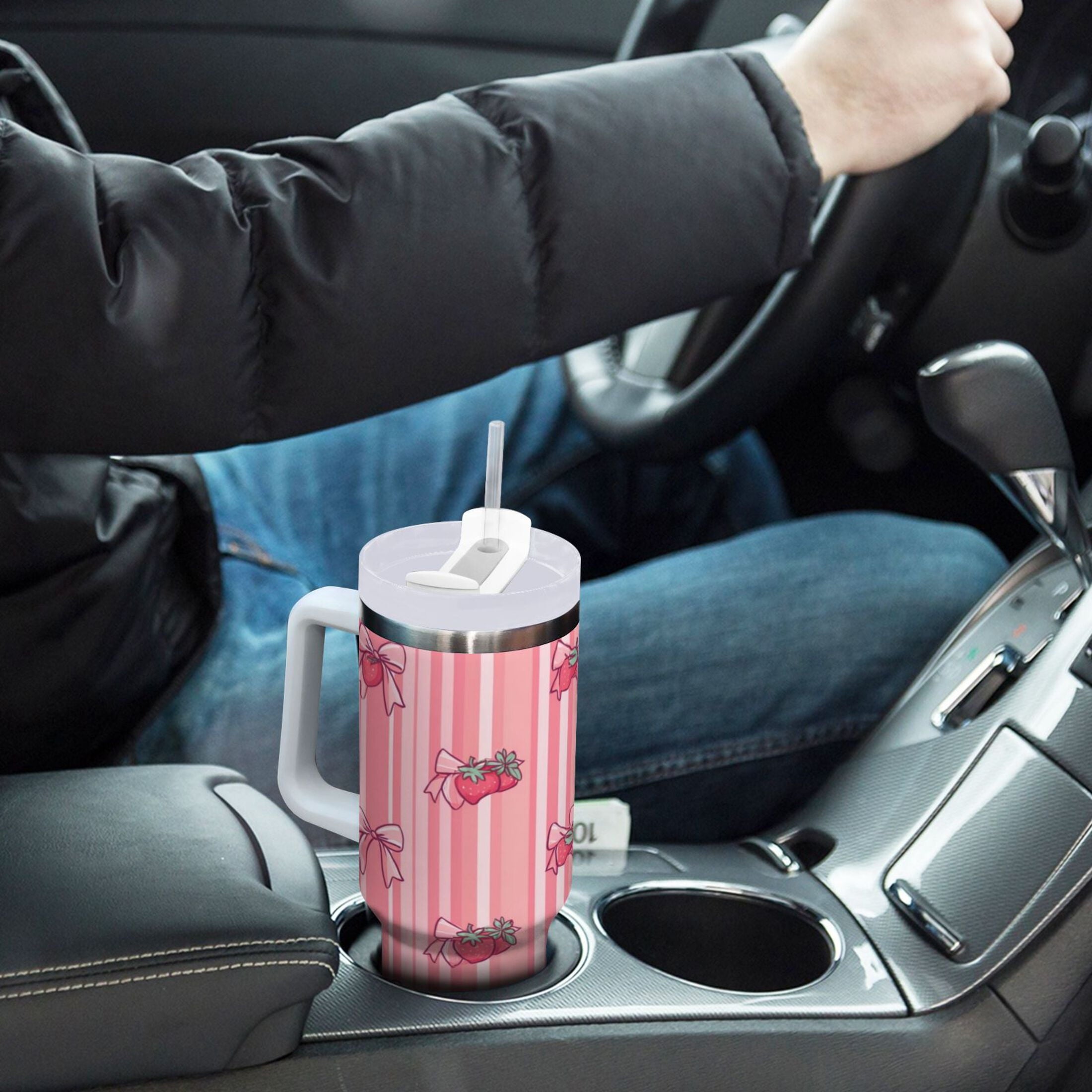 30 oz Insulated Stainless Steel Tumbler Double Wall Stainless Steel Tumbler with 2-Way Drinking Pink Bows and Strawberries - F8G4