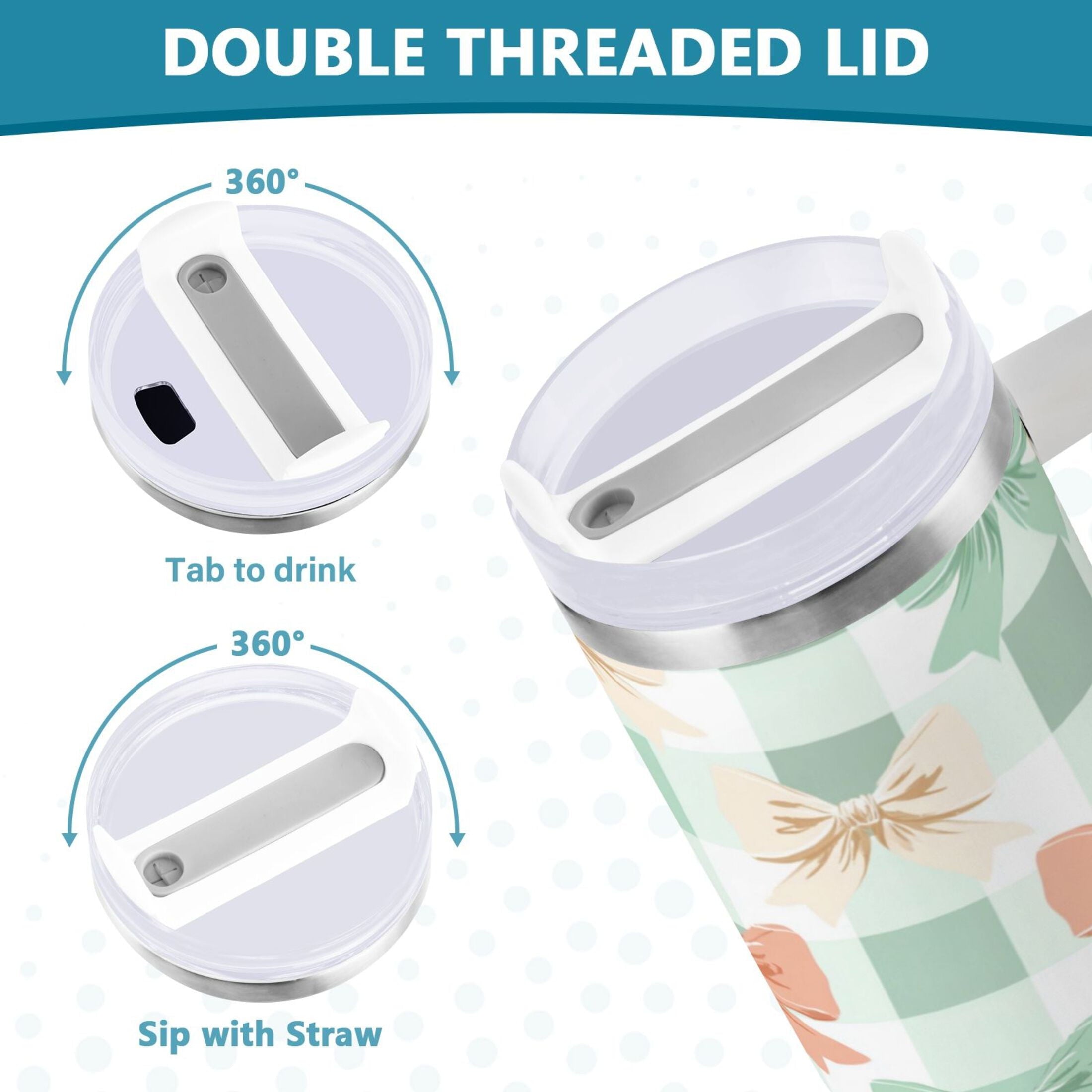40 oz Insulated Stainless Steel Tumbler Double Wall Stainless Steel Tumbler with 2-Way Drinking Green and Peach Bow Pattern - A16O