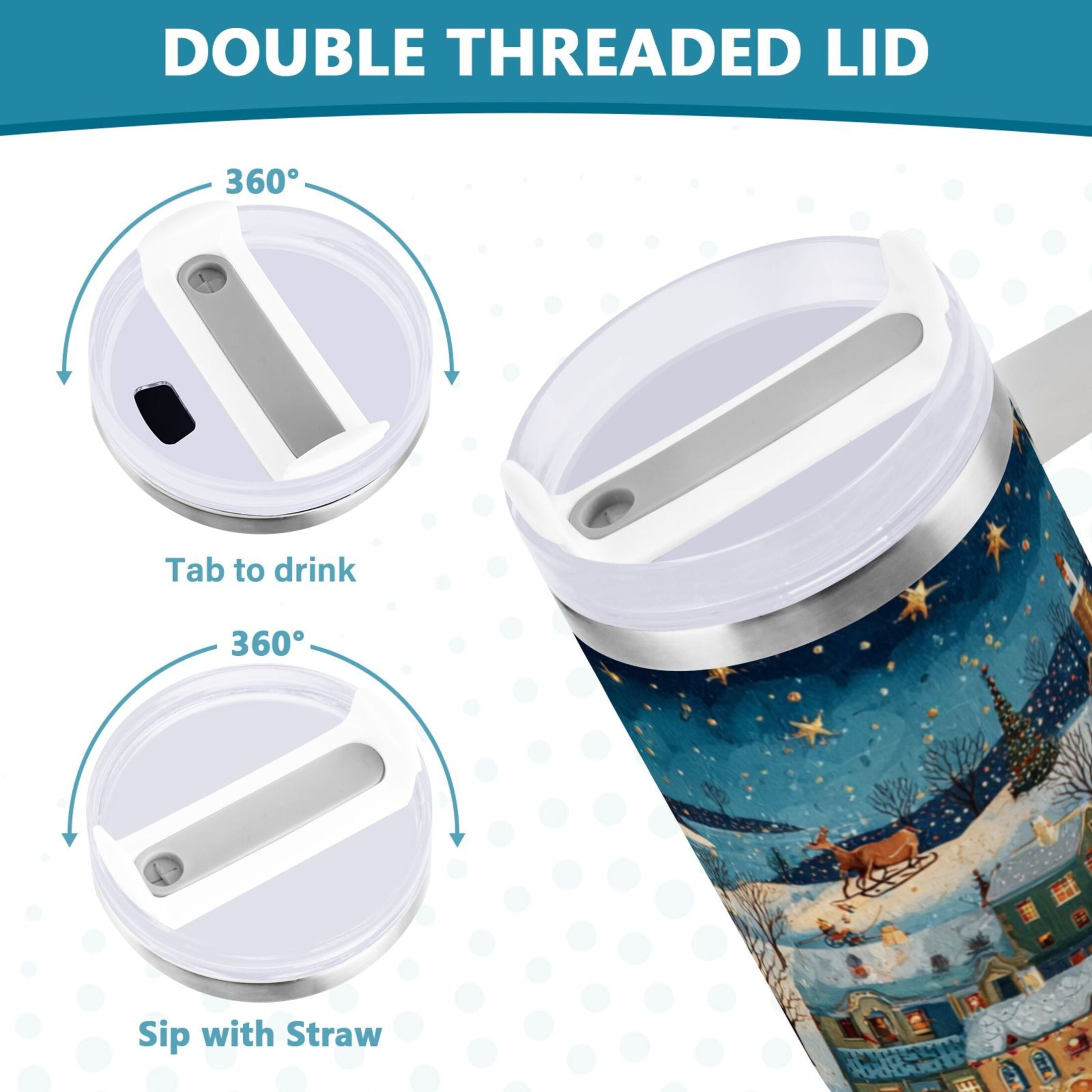 30 oz Insulated Stainless Steel Tumbler Double Wall Stainless Steel Tumbler with 2-Way Drinking Whimsical Christmas Scene - D5MM