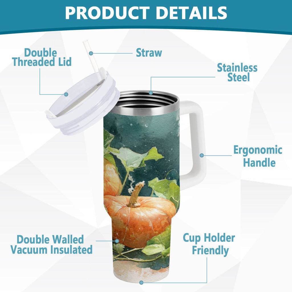 40 oz Insulated Stainless Steel Tumbler Double Wall Stainless Steel Tumbler with 2-Way Drinking Orange and White Pumpkins - P3HQ
