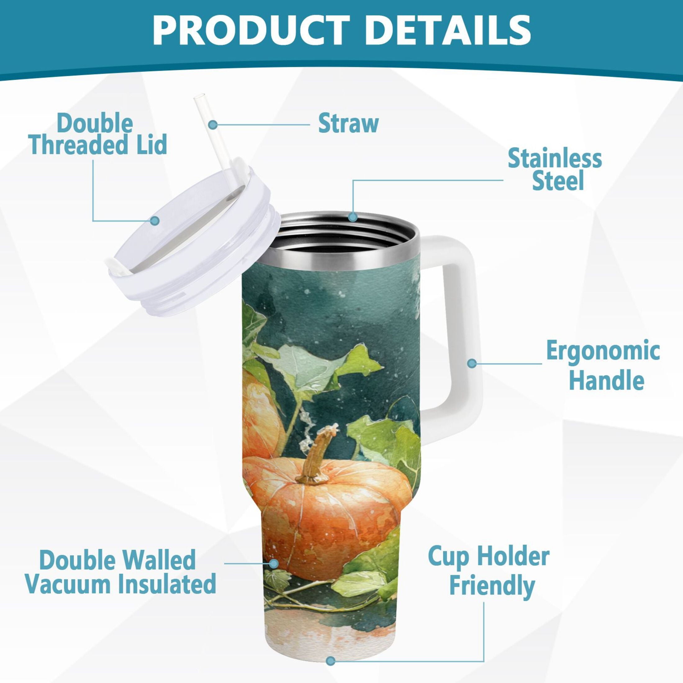 40 oz Insulated Stainless Steel Tumbler Double Wall Stainless Steel Tumbler with 2-Way Drinking Orange and White Pumpkins - P3HQ