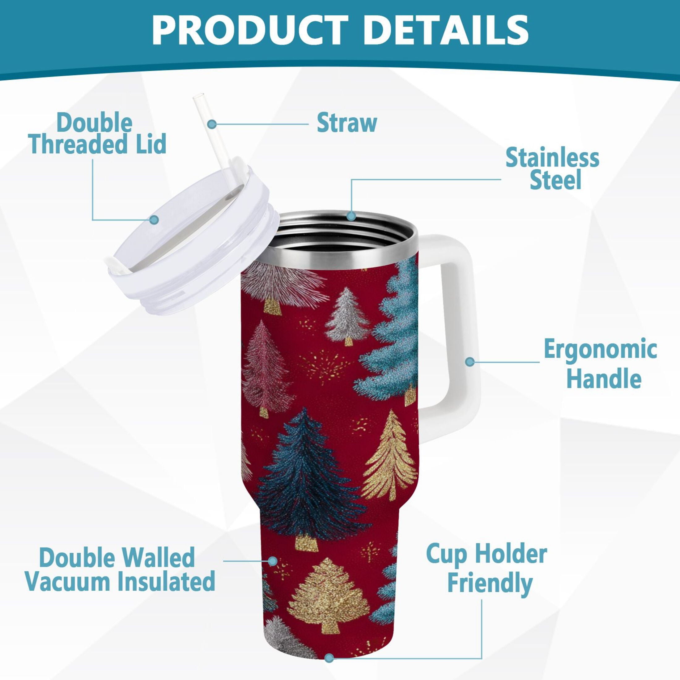 30 oz Insulated Stainless Steel Tumbler Double Wall Stainless Steel Tumbler with 2-Way Drinking Stylized Christmas Trees - KAJ6